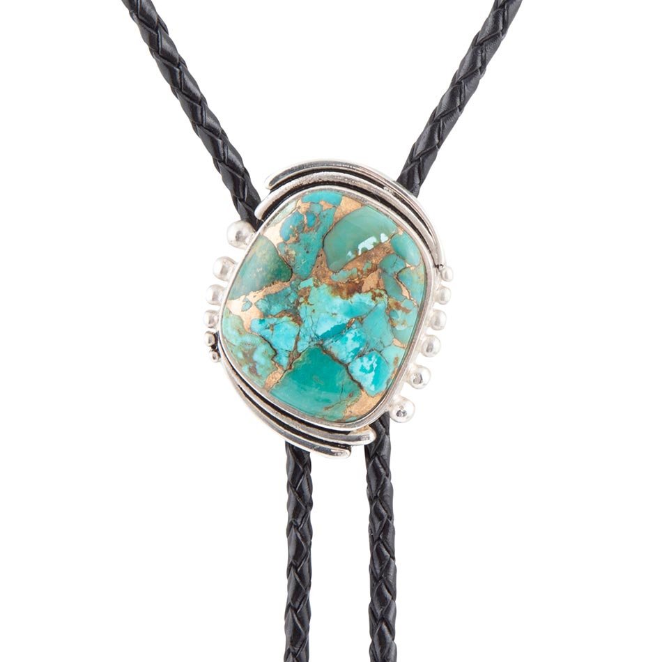 Turquoise stone bolo tie with black braided cord on a white background