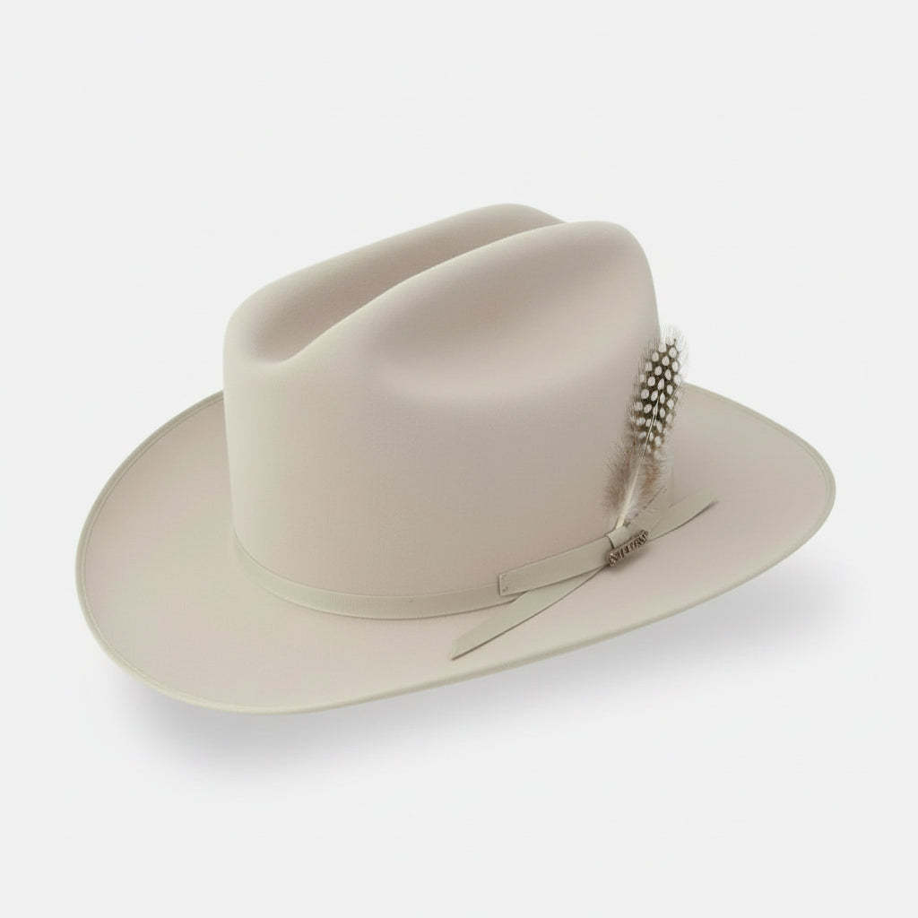 Beige fedora hat on a white background