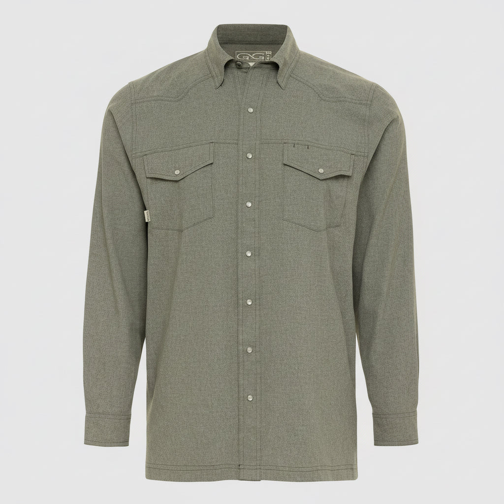 Green button-up shirt with two front pockets on a white background