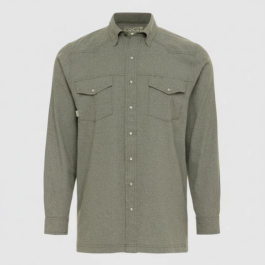 Green button-up shirt with two front pockets on a white background