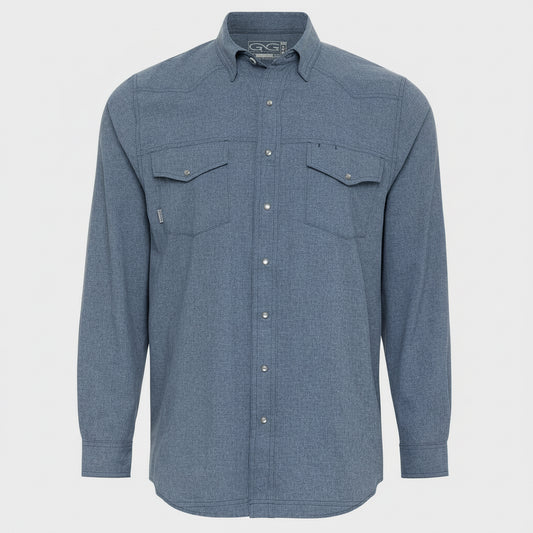 Blue microfiber shirt with two front pockets on a white background