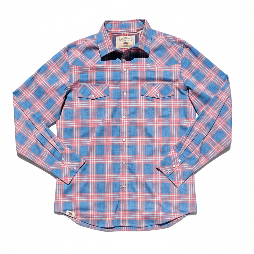 Plaid shirt with blue and pink pattern on a white background