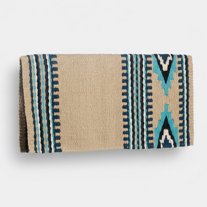 Beige saddle pad with blue and black geometric pattern on a white background