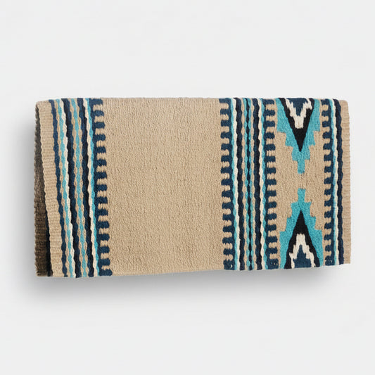 Beige saddle pad with blue and black geometric pattern on a white background