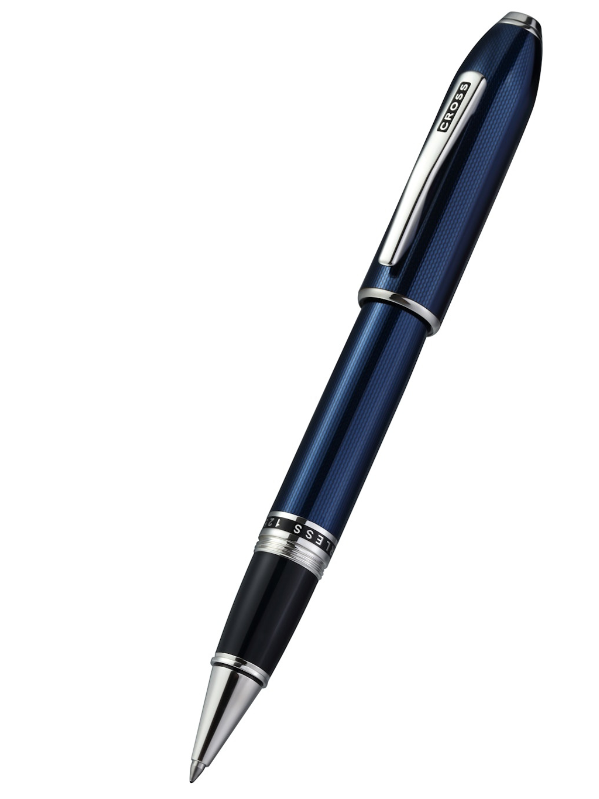 Blue pen with silver accents on a white background