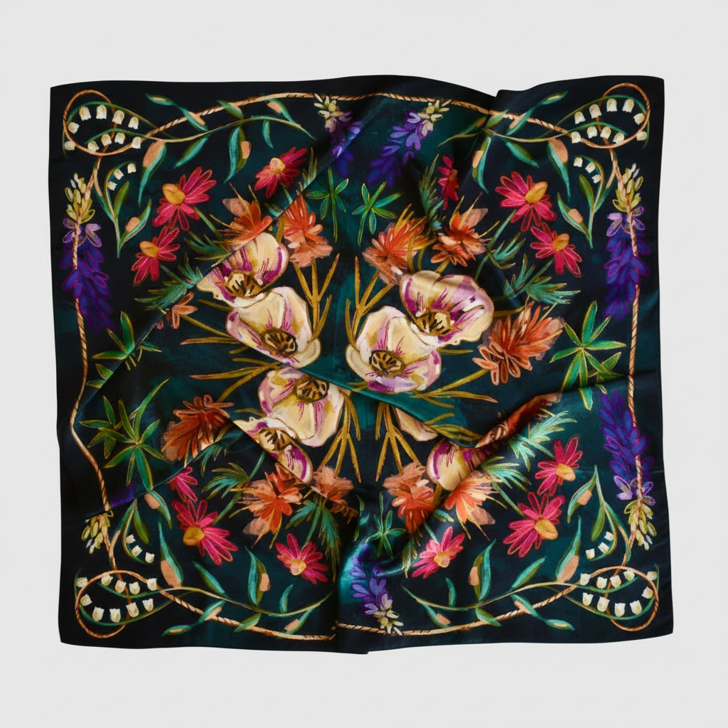 Colorful floral scarf with intricate patterns on a black background