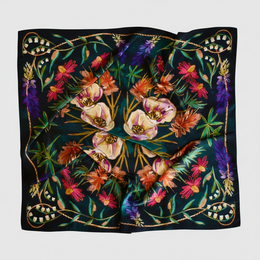 Colorful floral scarf with intricate patterns on a black background