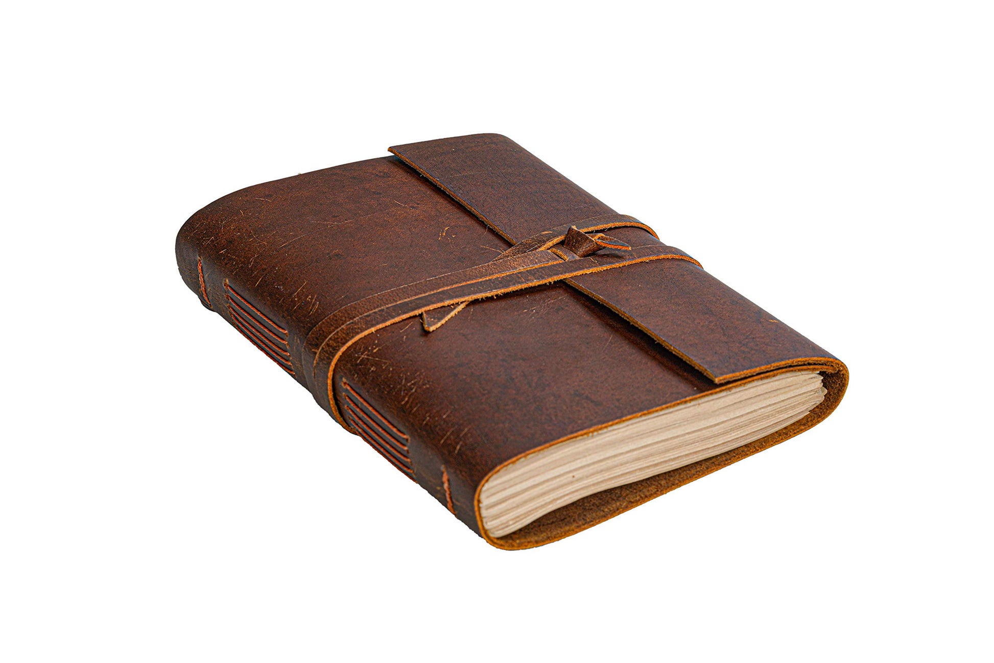 Brown leather-bound notebook with a strap on a white background