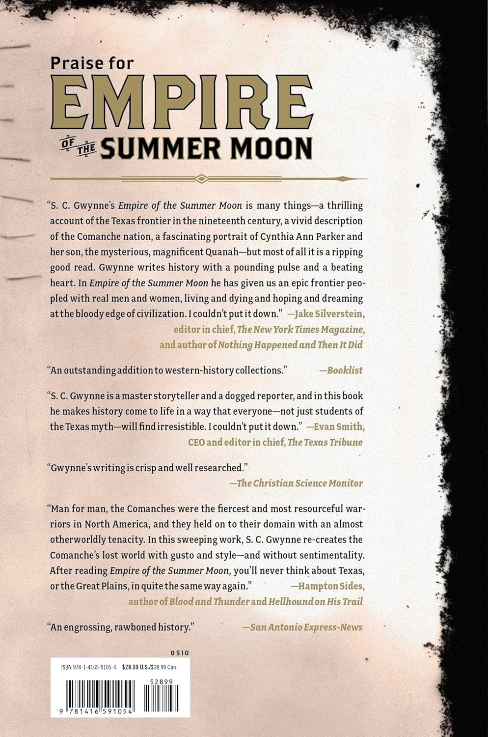 Back cover of 'Empire of the Summer Moon' with praise text and a black border.