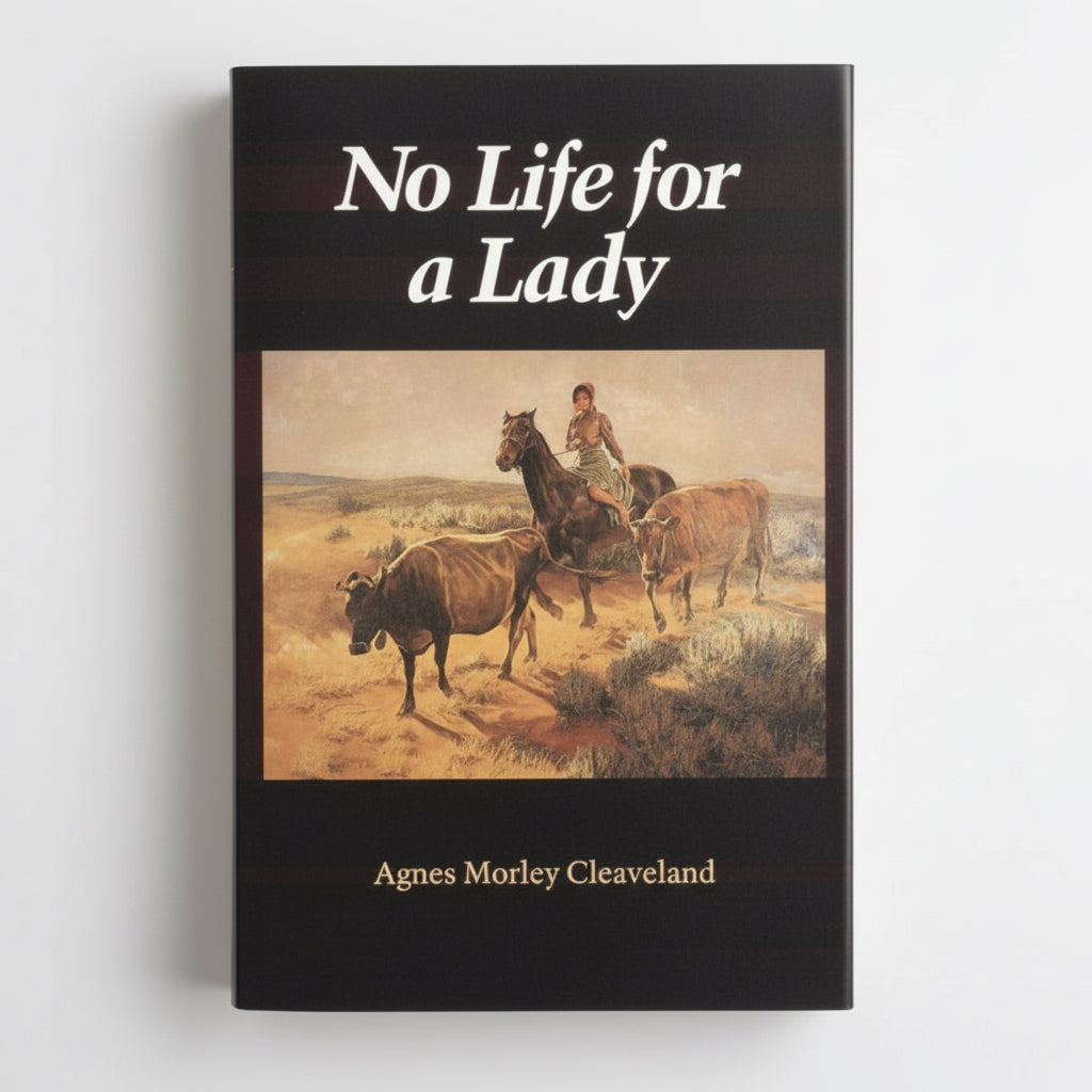 Book cover of 'No Life for a Lady' by Agnes Morley Cleaveland with a painting of a woman on horseback with two cows.