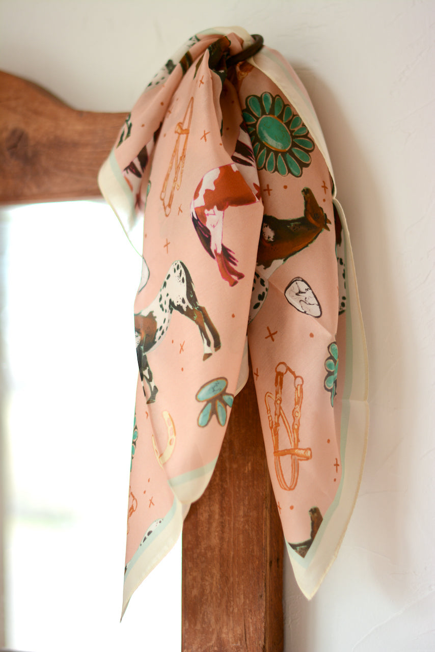 Horses and Turquoise Peach Western Silk Wild Rag