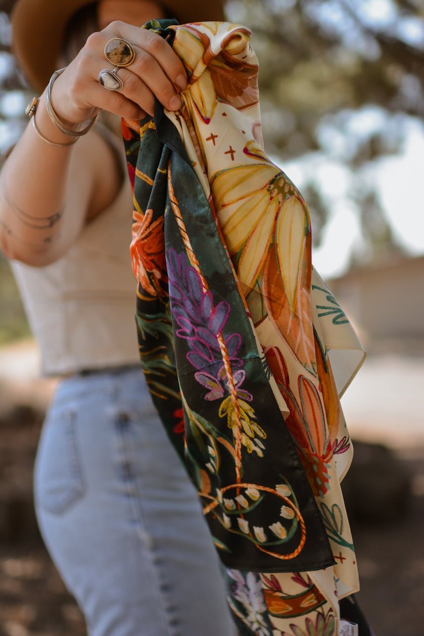 Vivid Wildflowers Western Cowgirl Wild Rag - Mulberry Silk