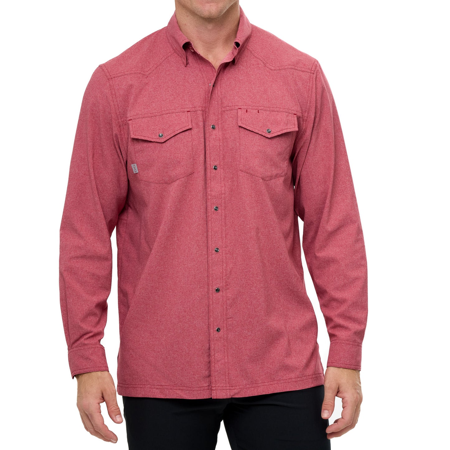 Red button-up shirt worn by a person on a white background