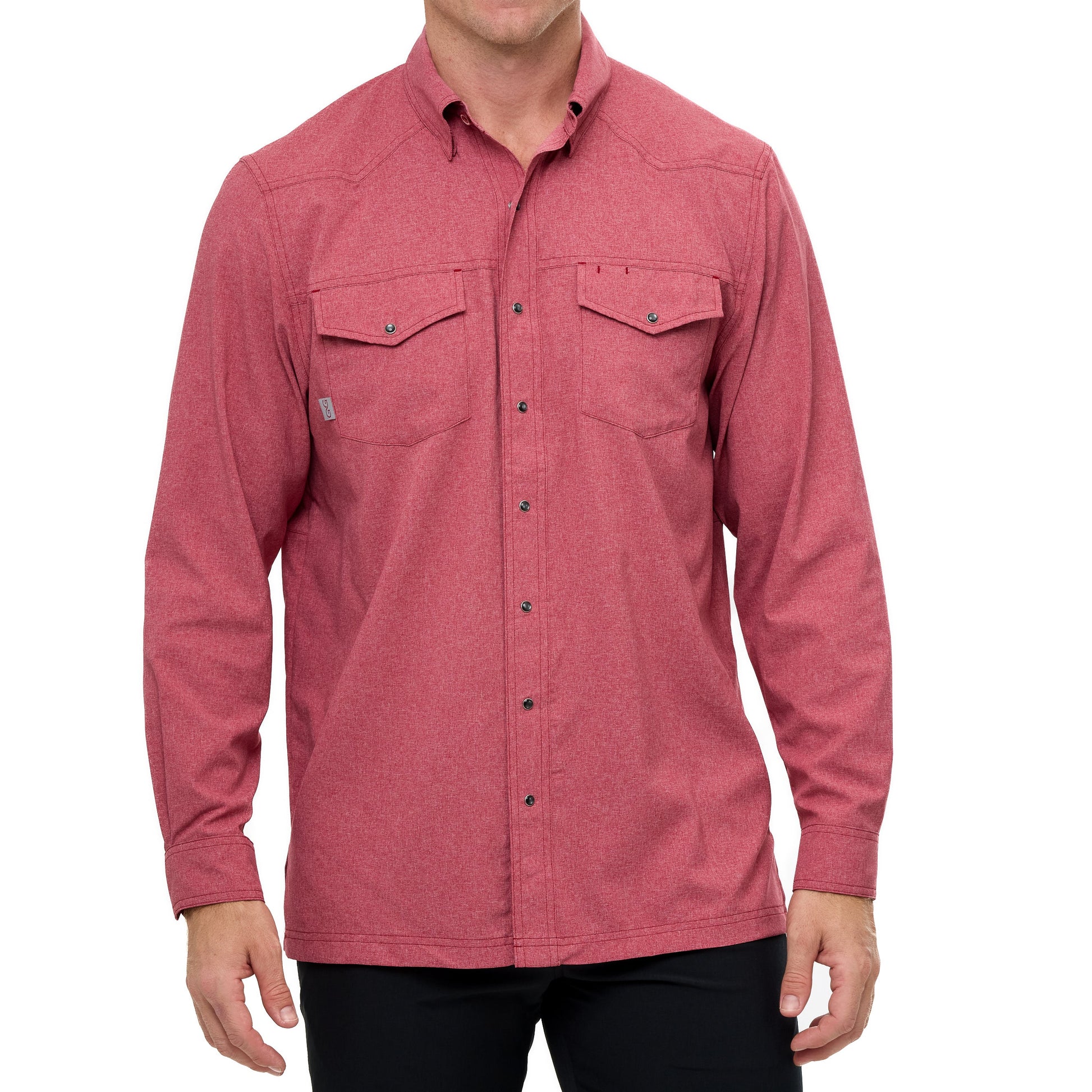 Red button-up shirt worn by a person on a white background