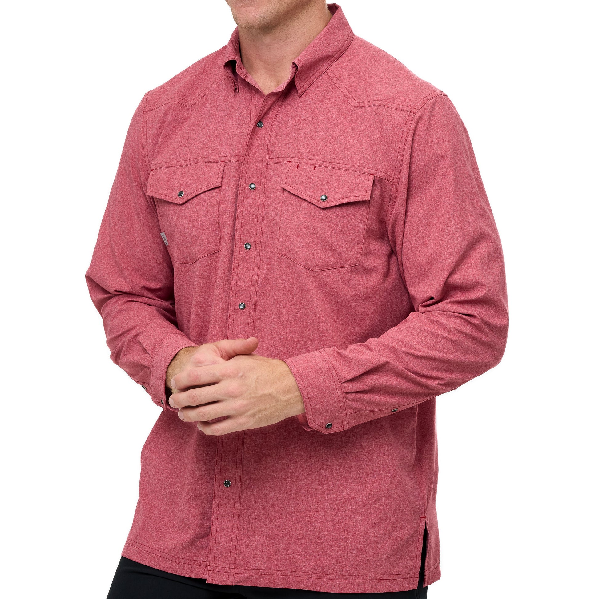 Red long-sleeve shirt worn by a person on a white background