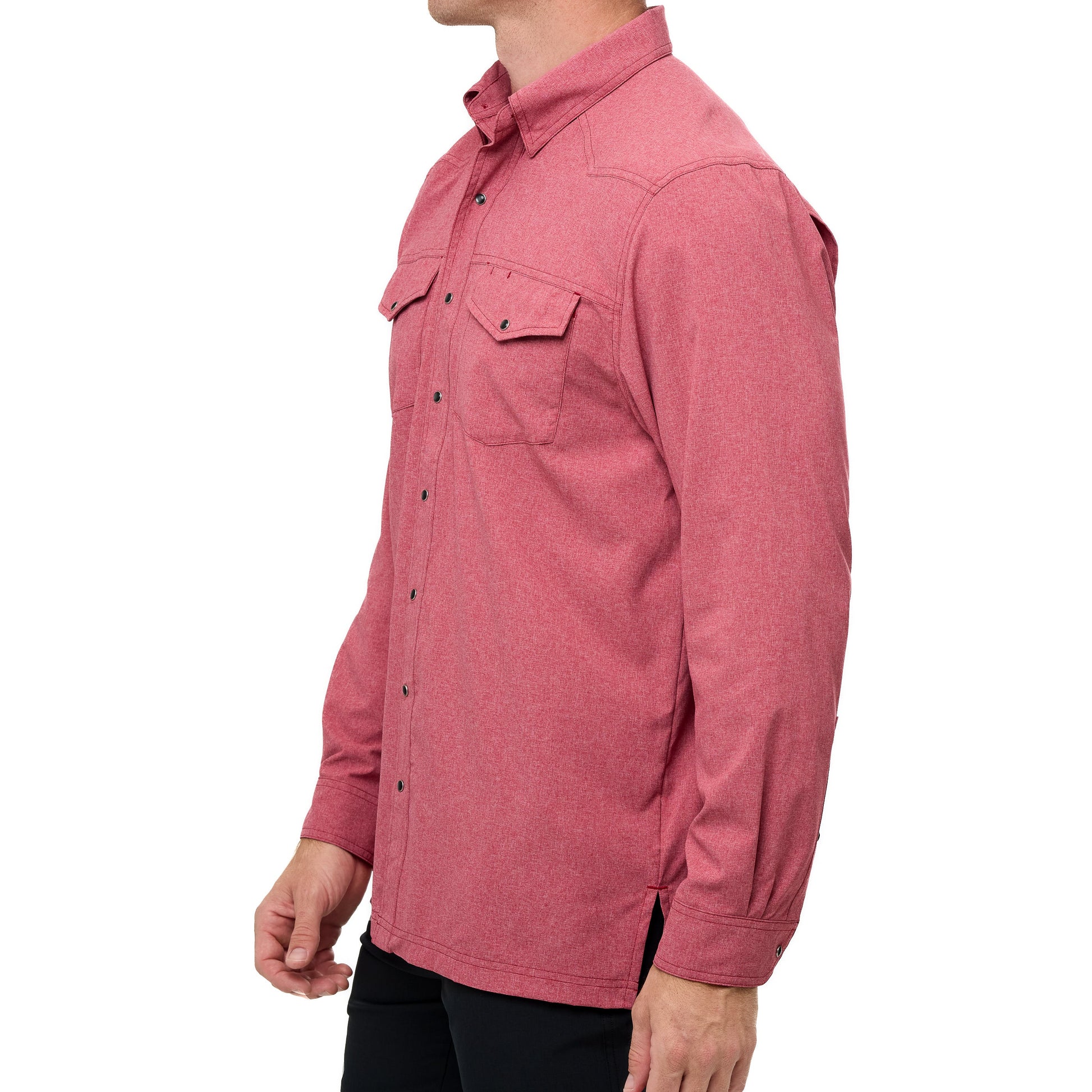 Pink button-up shirt worn by a person on a white background