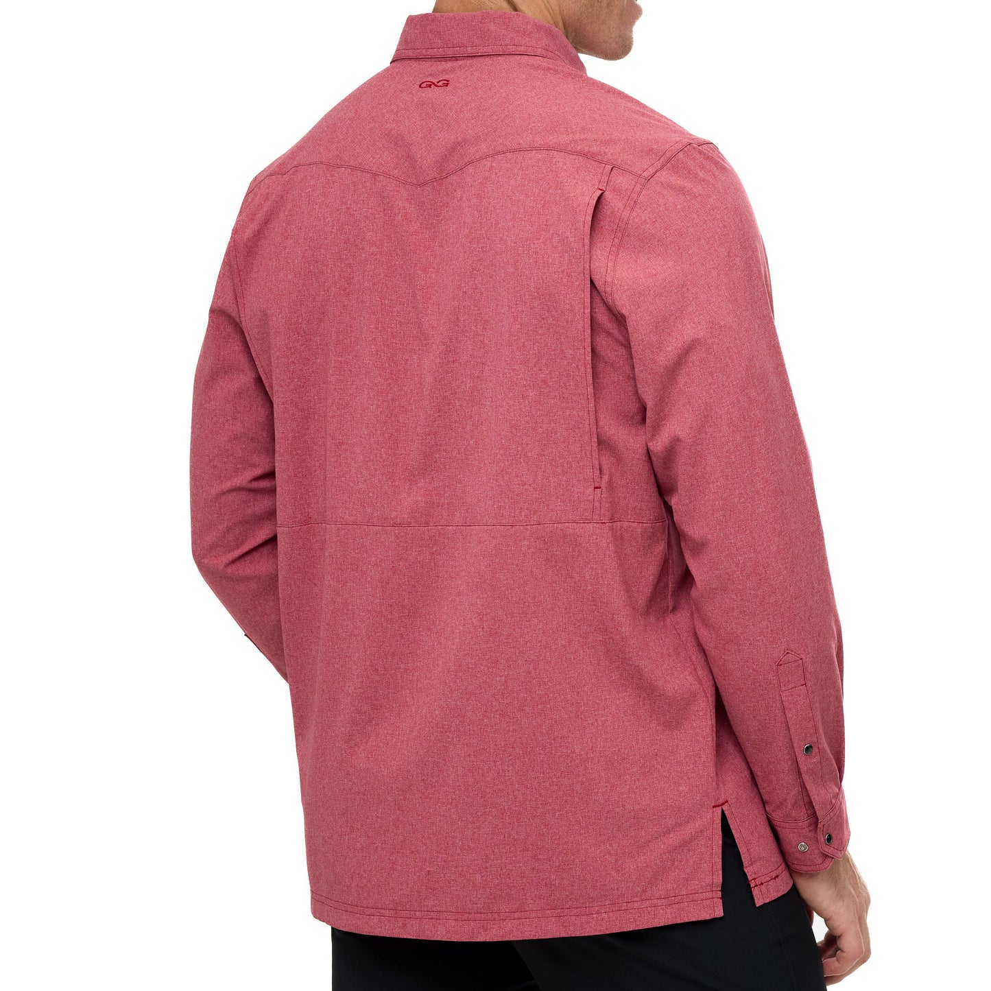 Red shirt worn by a person on a white background