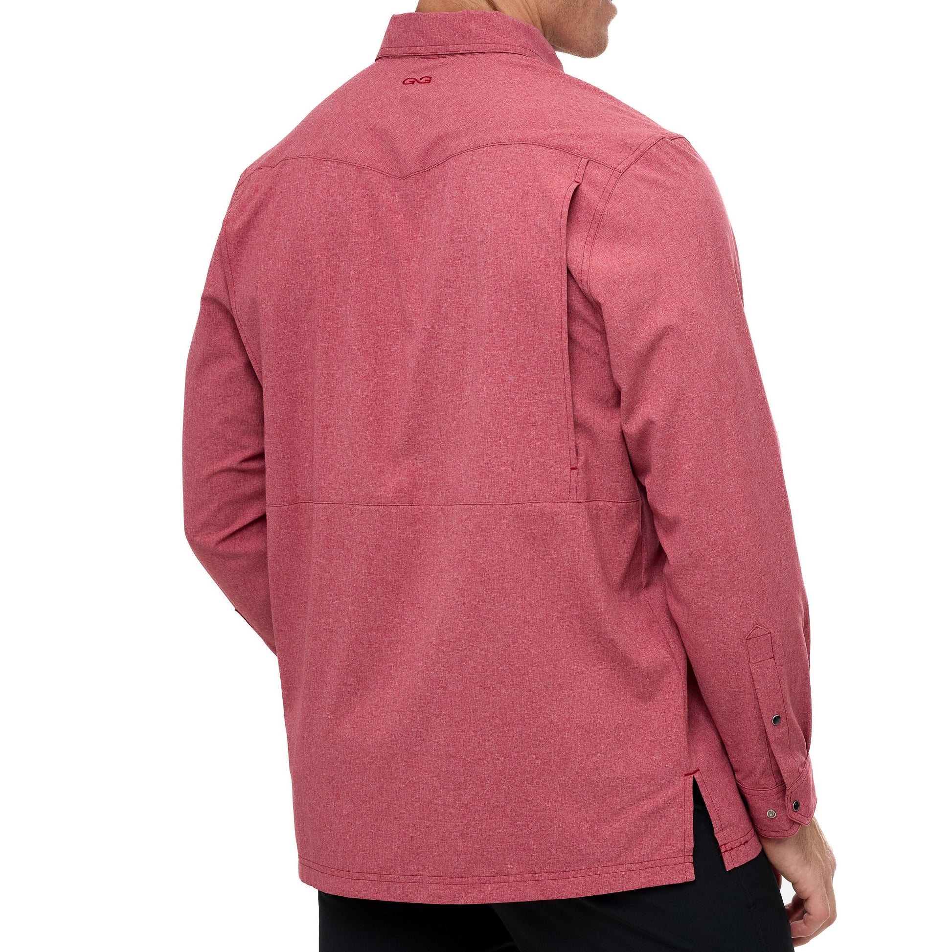 Red shirt worn by a person on a white background