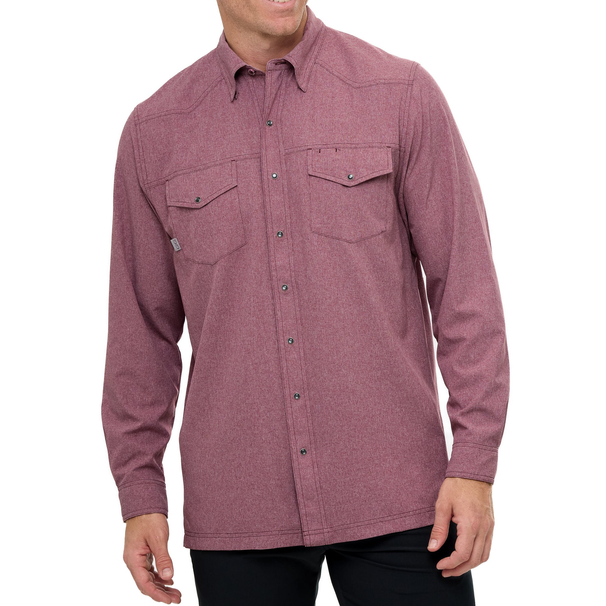 Mauve button-up shirt worn by a person on a white background