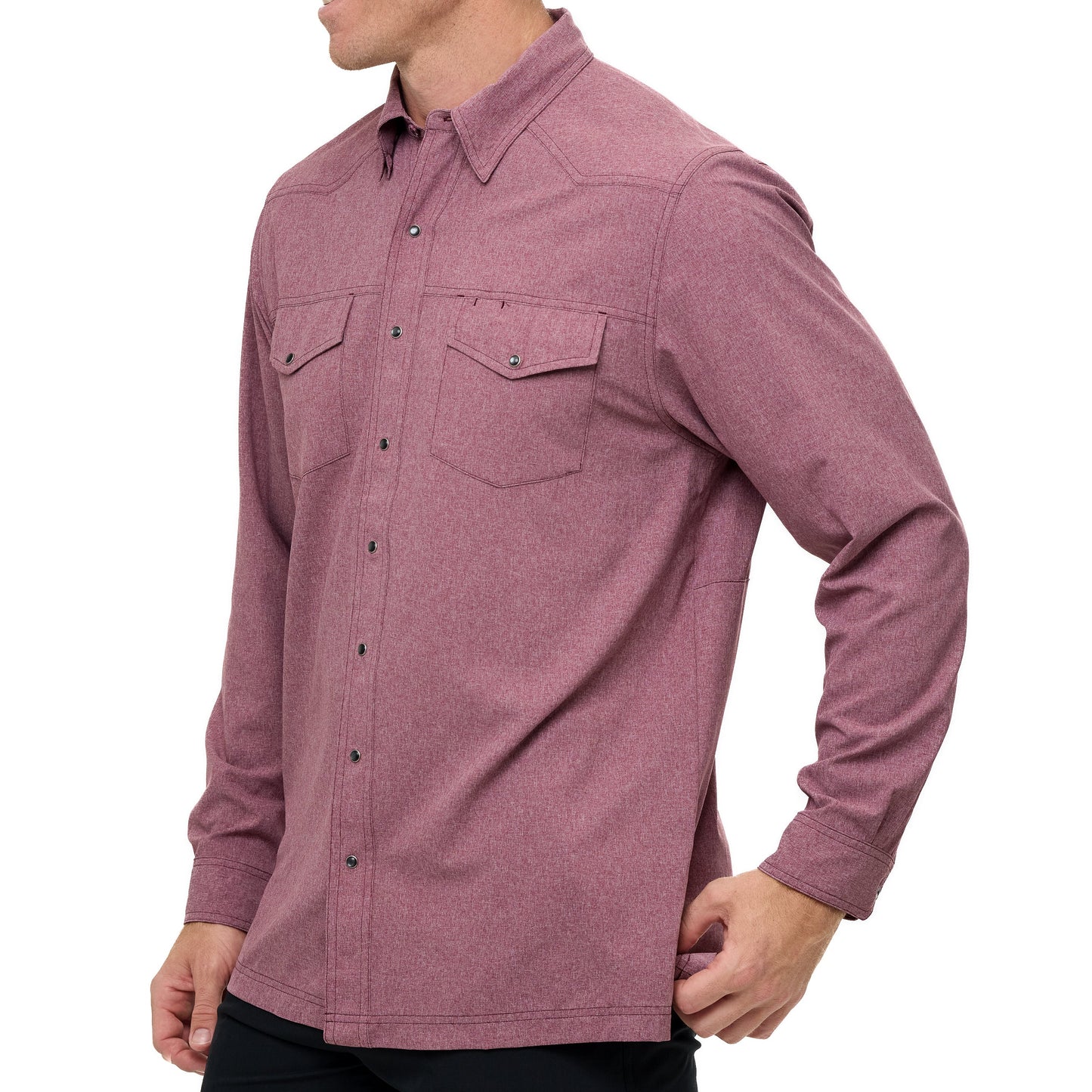 Mauve button-up shirt worn by a person on a white background