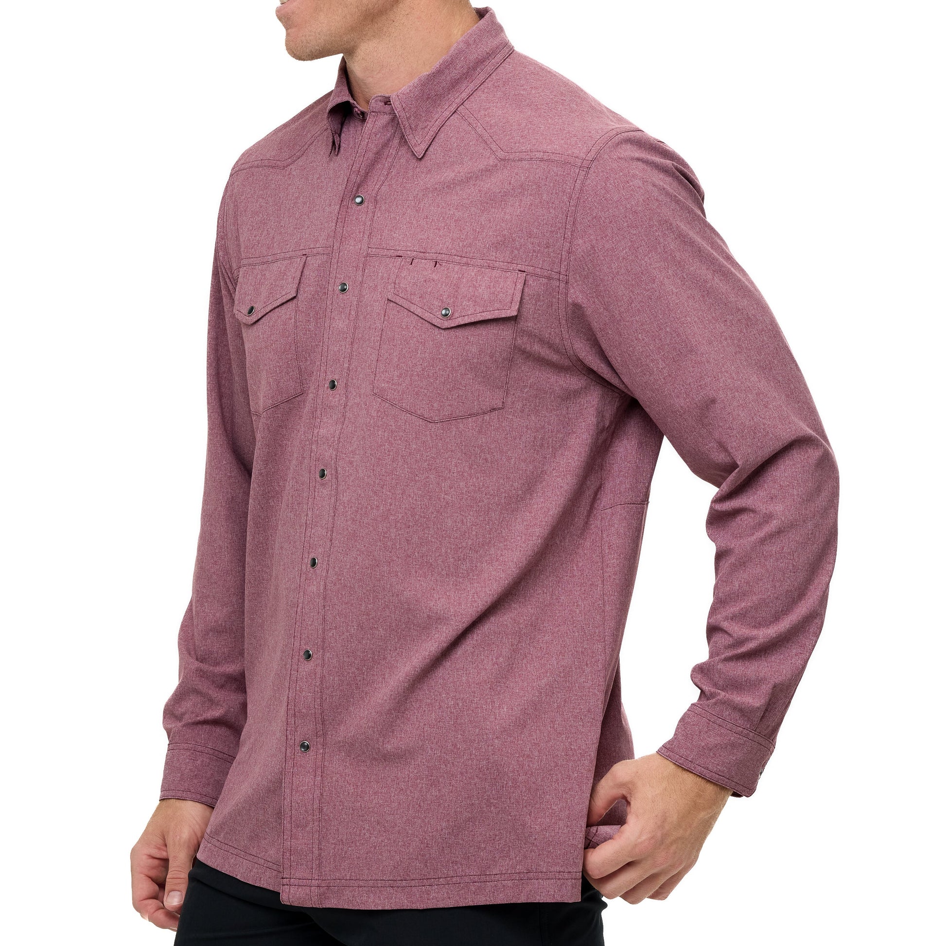 Mauve button-up shirt worn by a person on a white background