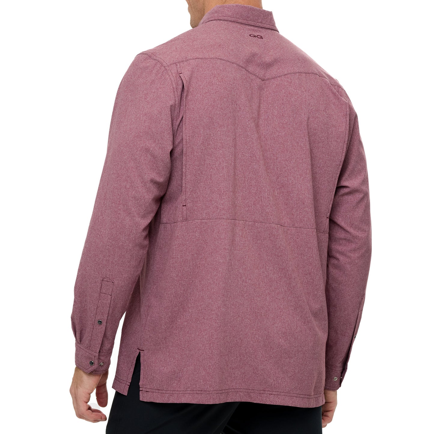 Back view of a maroon jacket on a white background