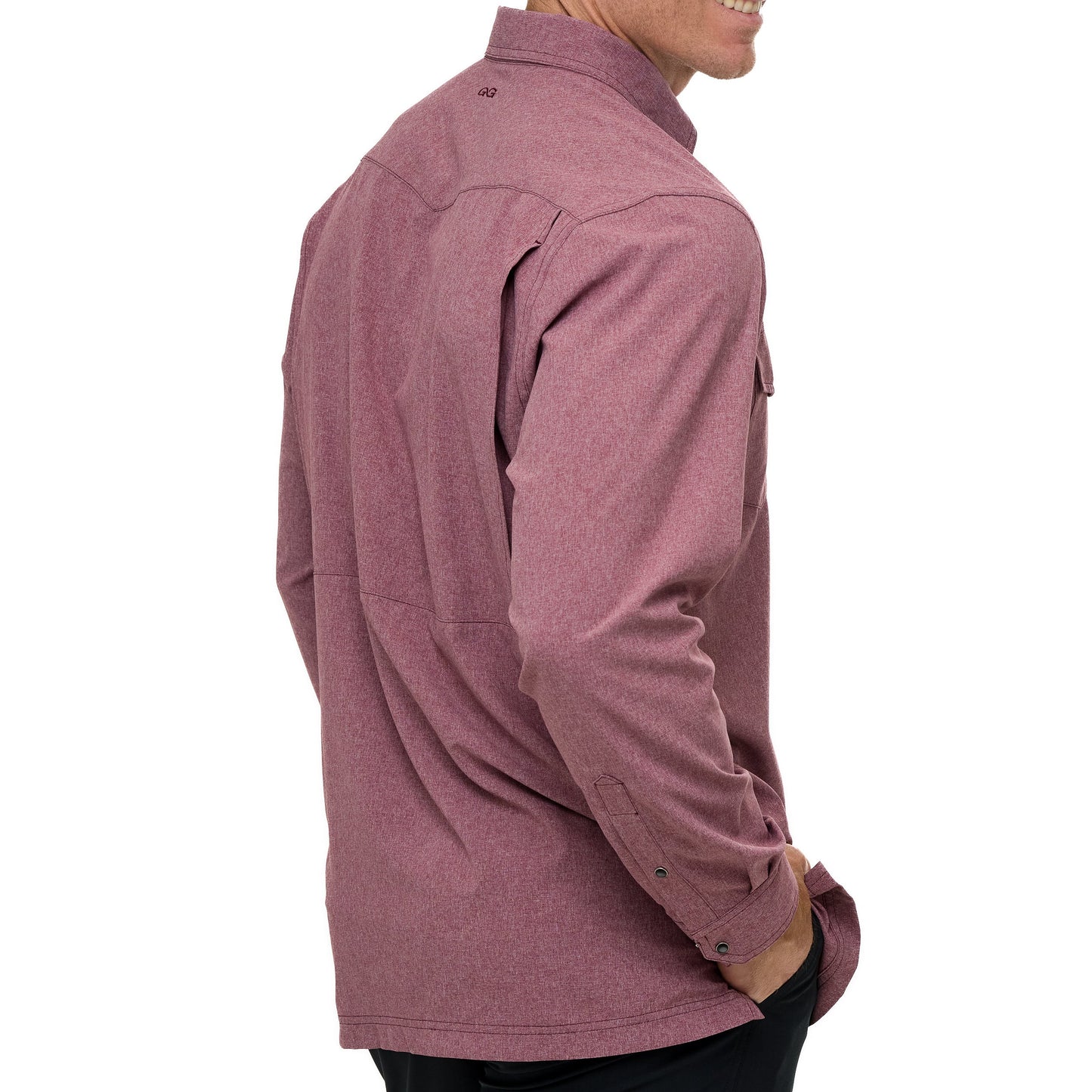 Mauve long-sleeve shirt worn by a person on a white background