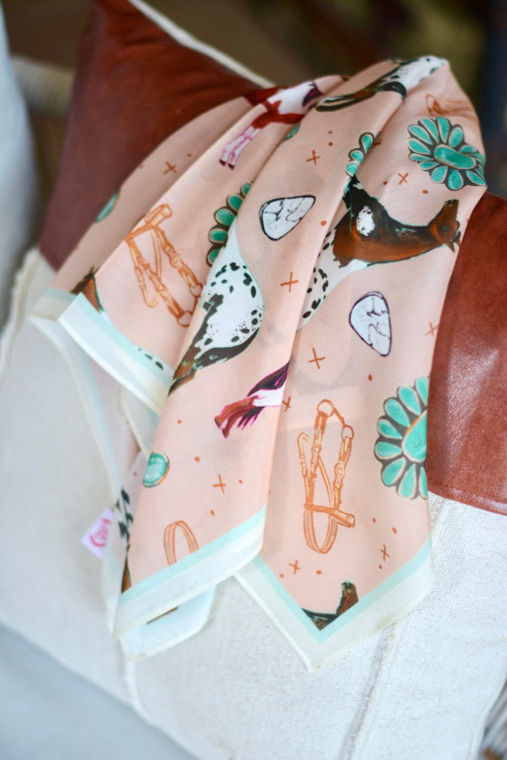 Horses and Turquoise Peach Western Silk Wild Rag