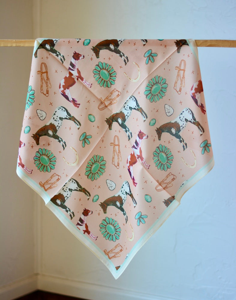 Horses and Turquoise Peach Western Silk Wild Rag
