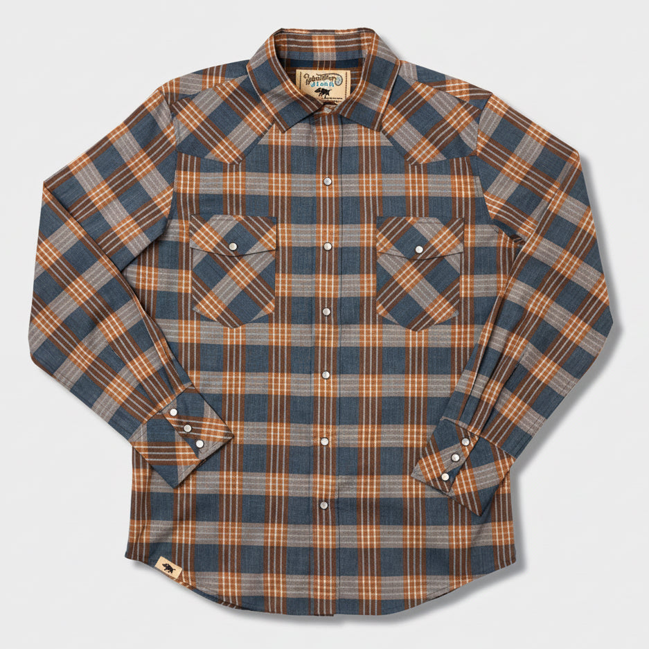 Plaid shirt with brown and blue pattern on a white background
