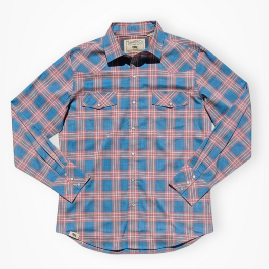 Plaid shirt with blue and pink pattern on a white background