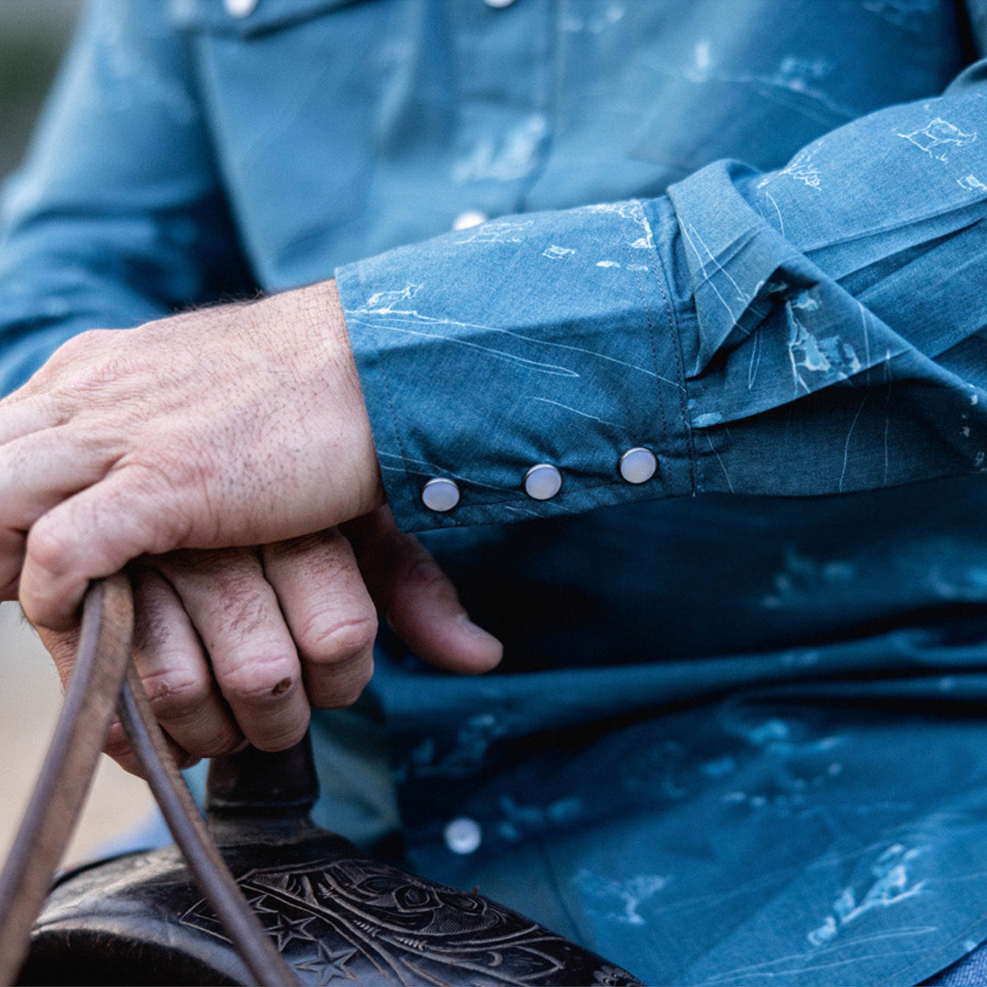 Person wearing a blue shirt with white specks, holding a leather reins.