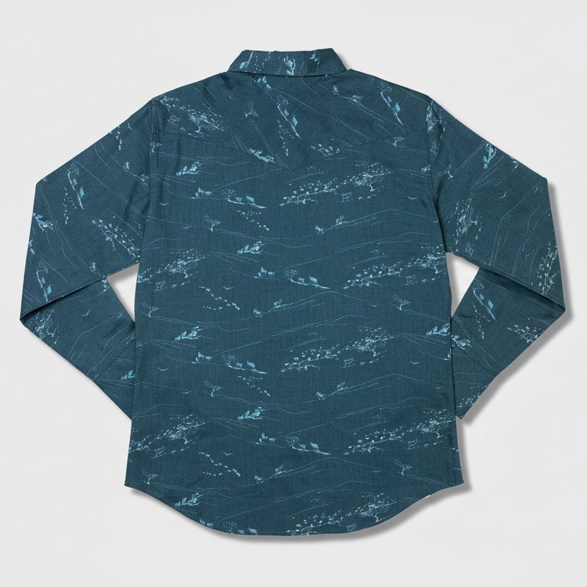 Blue patterned shirt on a white background