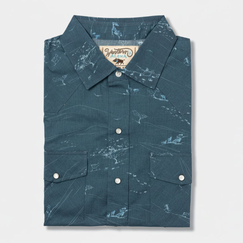 Blue patterned shirt with a collar on a white background
