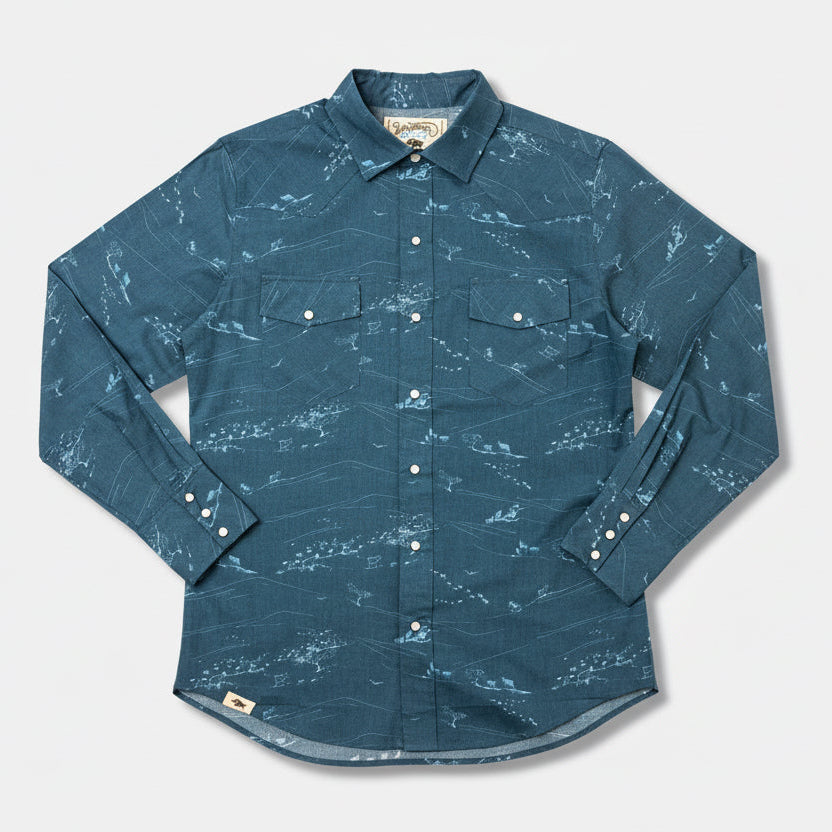 Blue patterned shirt on a white background