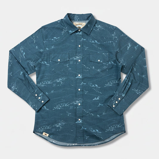 Blue patterned shirt on a white background