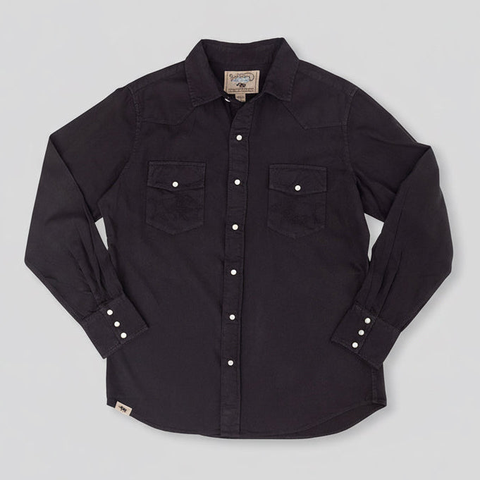 Black button-up shirt with two chest pockets on a white background