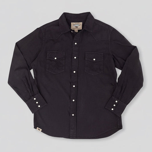 Black button-up shirt with two chest pockets on a white background
