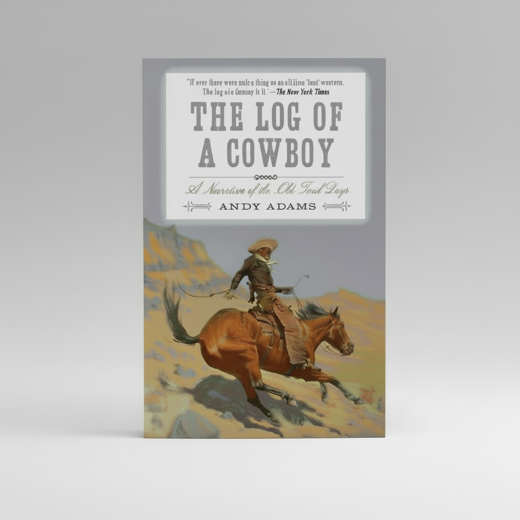 Book cover of 'The Log of a Cowboy' by Andy Adams with a cowboy on horseback illustration.