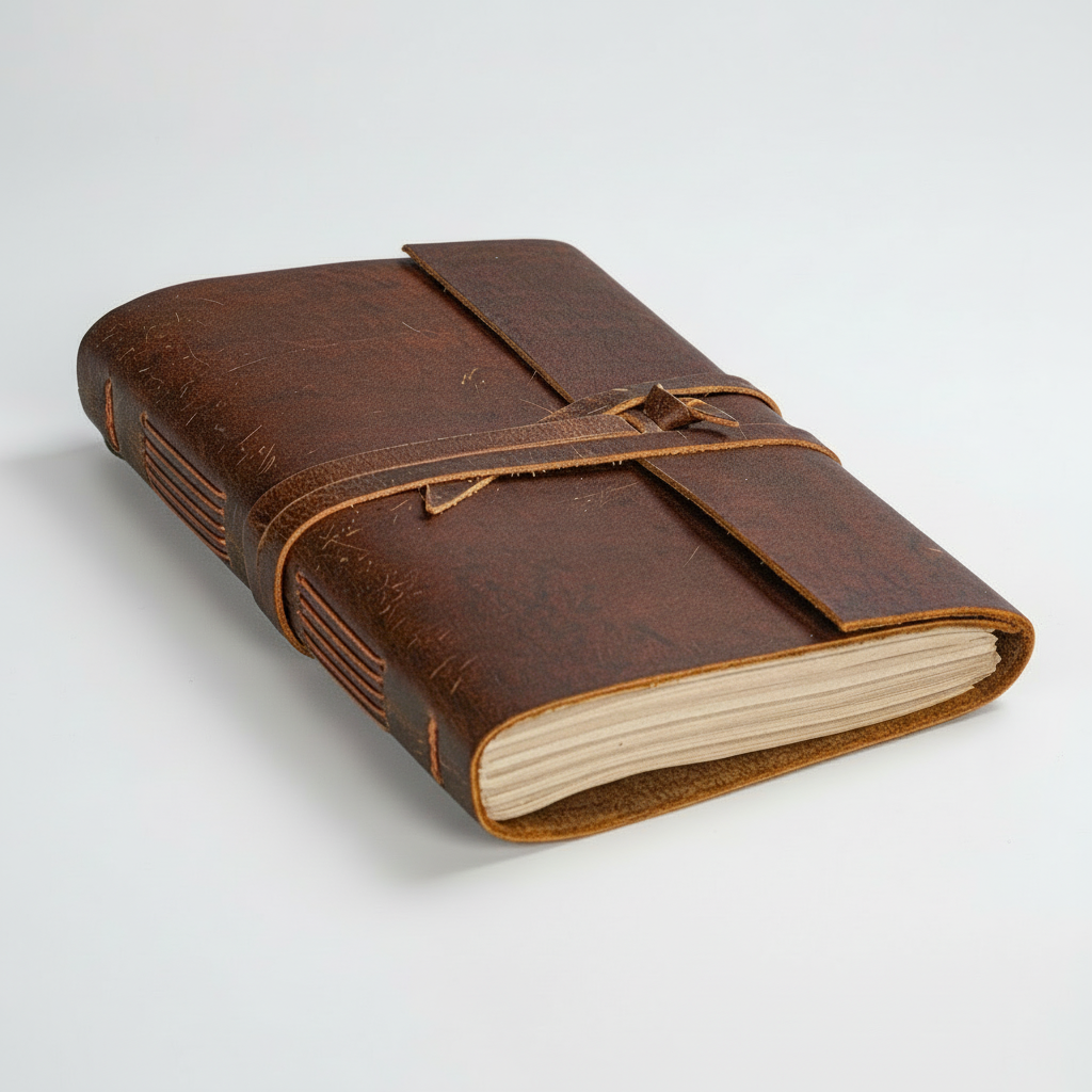 Brown leather notebook with a strap closure on a white background