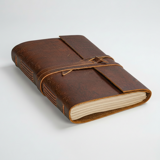 Brown leather notebook with a strap closure on a white background