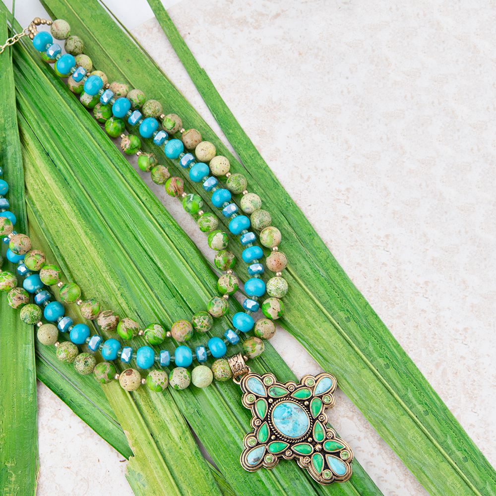 Legacy Lime Green and Blue Turquoise Golden Cross Pendant Necklace