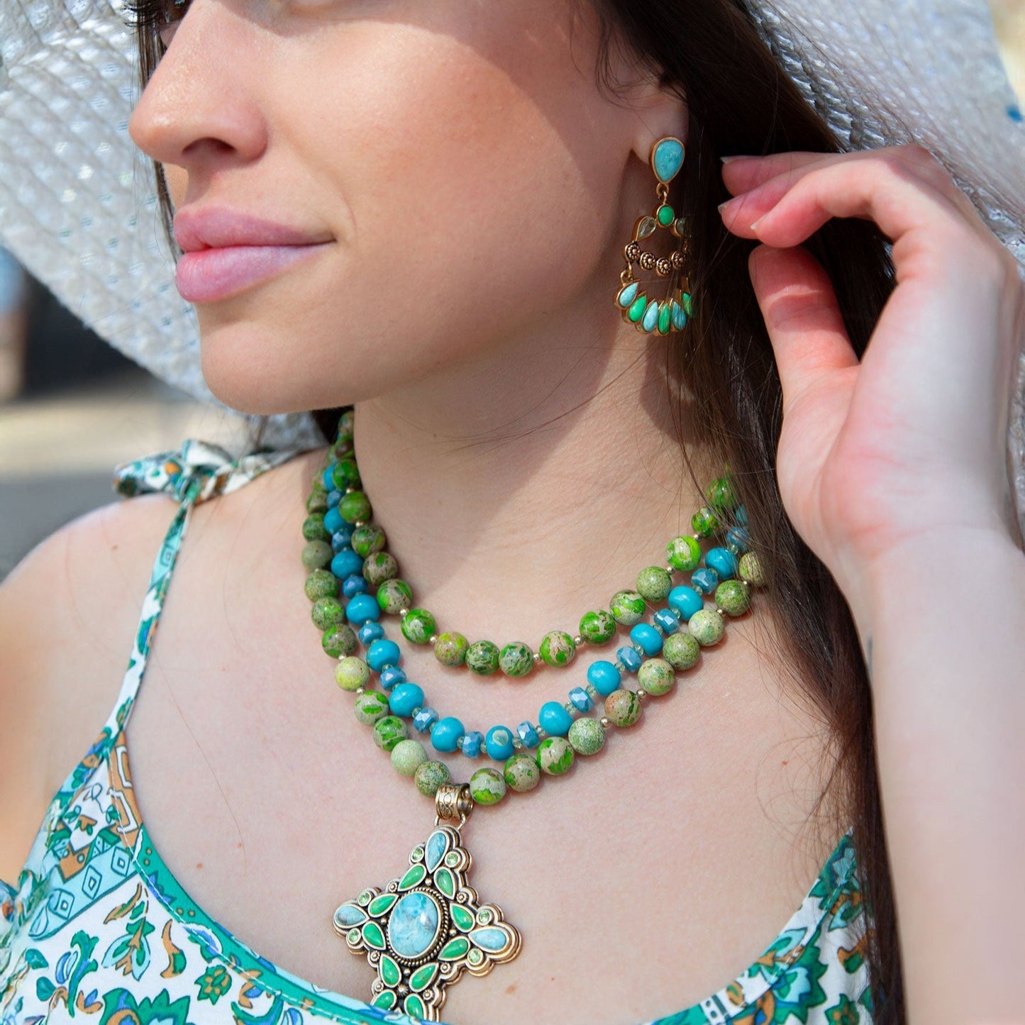 Legacy Lime Green and Blue Turquoise Golden Cross Pendant Necklace