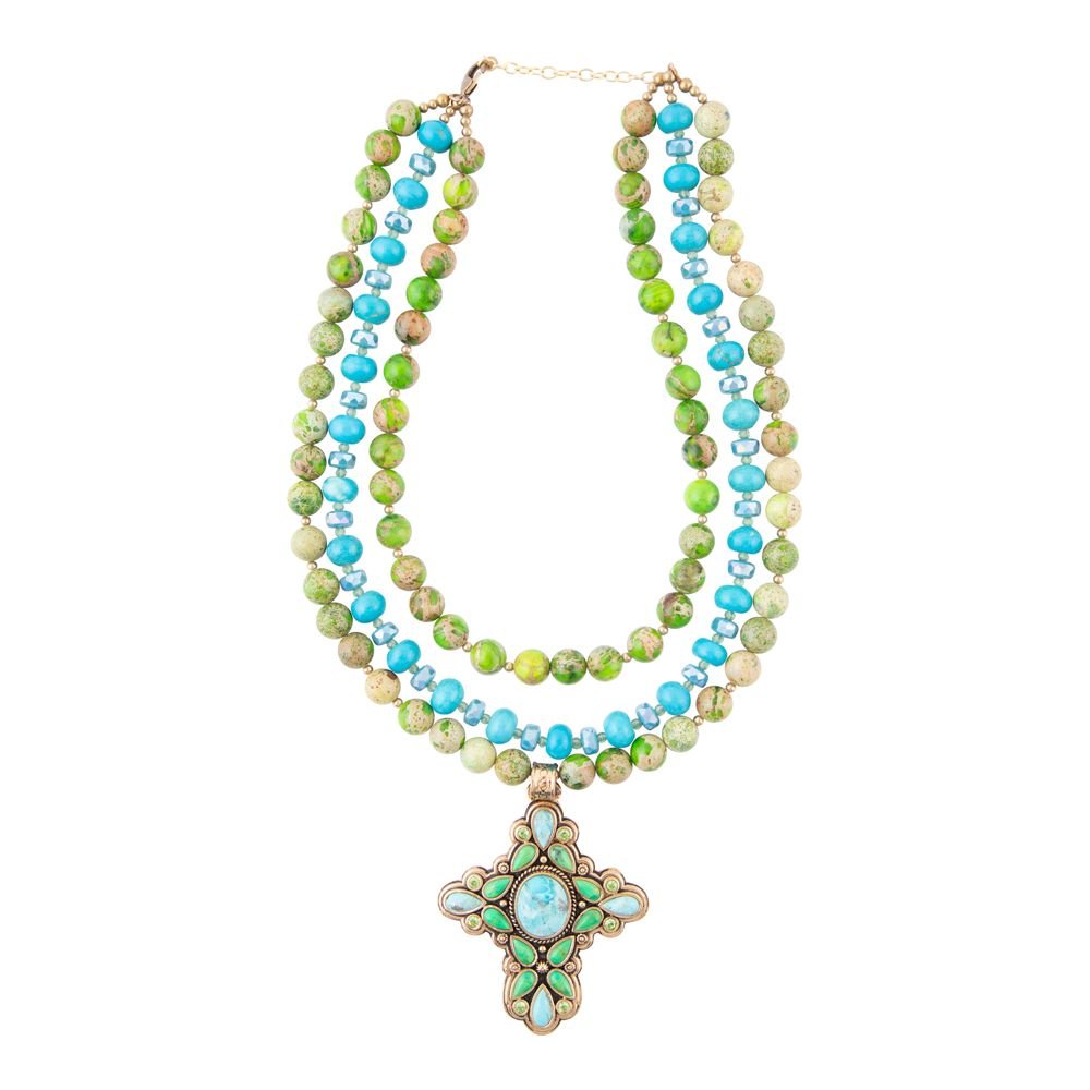 Legacy Lime Green and Blue Turquoise Golden Cross Pendant Necklace
