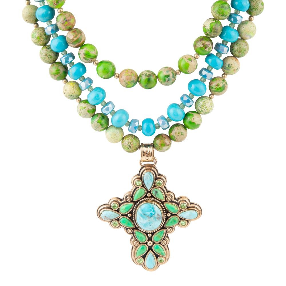 Legacy Lime Green and Blue Turquoise Golden Cross Pendant Necklace