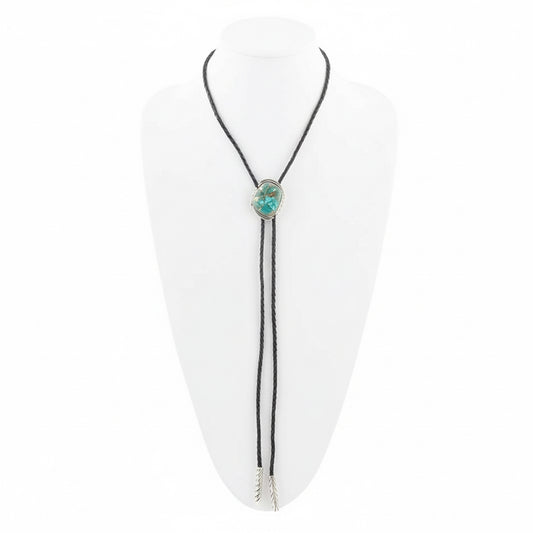 Blue green turquoise bolo pendant on a black leather blouse tie