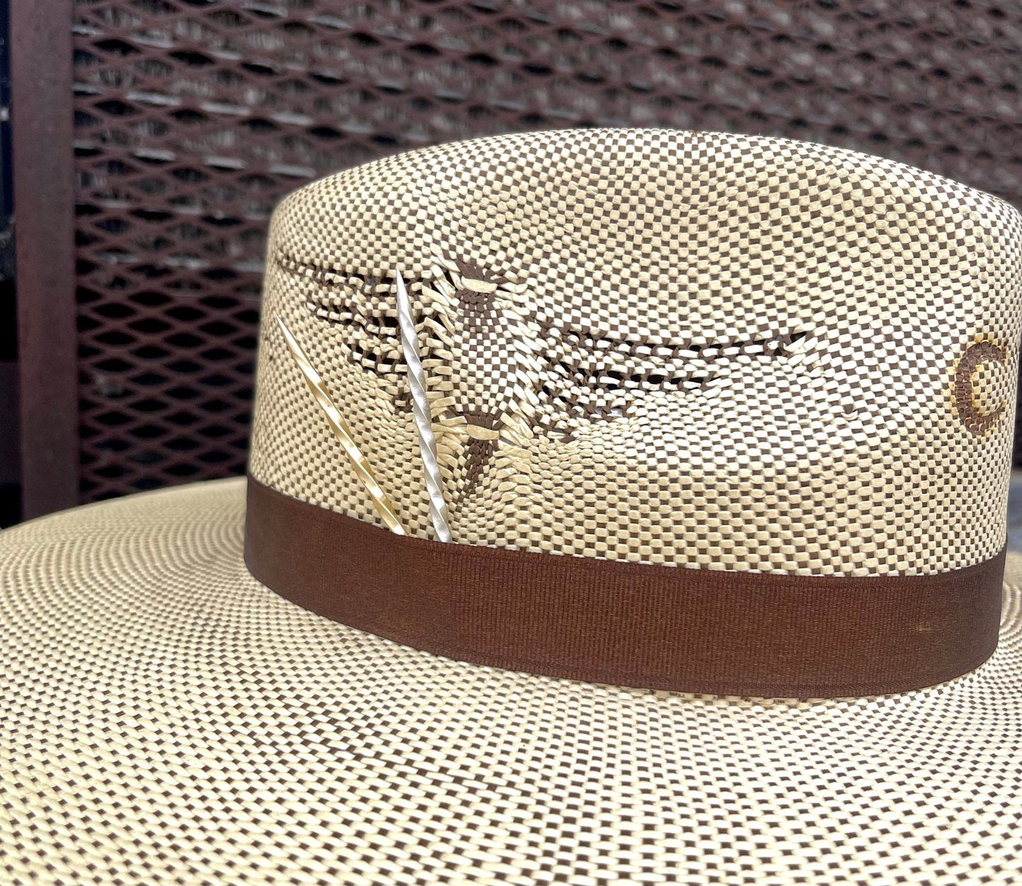 Straw cowboy hat with brown band and two cowboy toothpicks in the band.