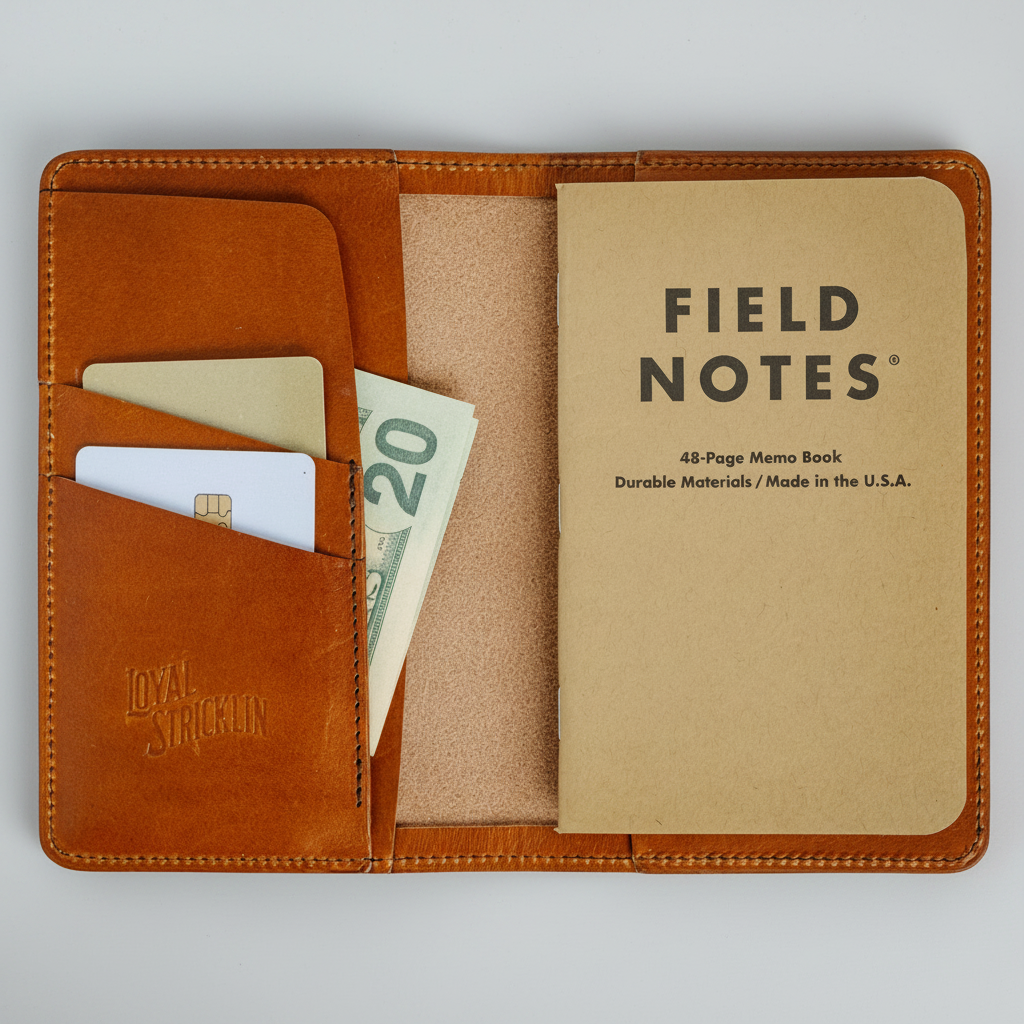 Brown leather wallet with a 'Field Notes' notebook and money