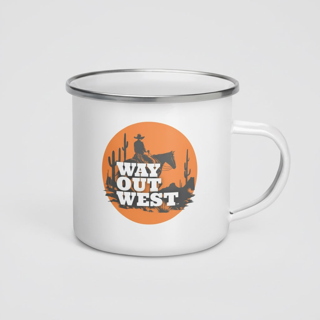 White enamel camp mug with Way Out West podcast logo on each side