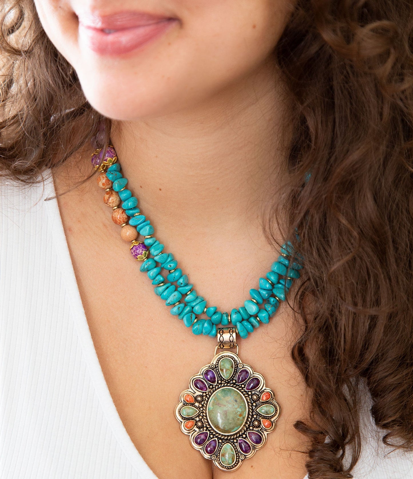 Close-up of a woman wearing a colorful beaded necklace with a large pendant.